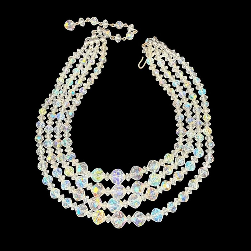Vintage MCM Crystal Aurora Borealis 4 Strand Necklace Rhinestone neck - Picture 4 of 9